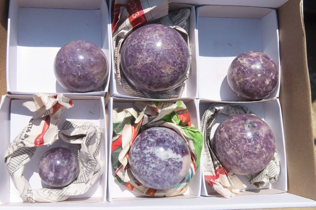 Polished Lepidolite with Pink Rubellite Spheres x 6 From Ambatondrazaka, Madagascar - Toprock Gemstones and Minerals 