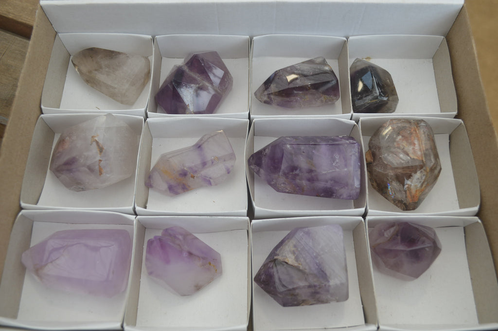 Polished Smokey Amethyst Window Quartz Points x 12 From Akansobe, Madagascar - Toprock Gemstones and Minerals 