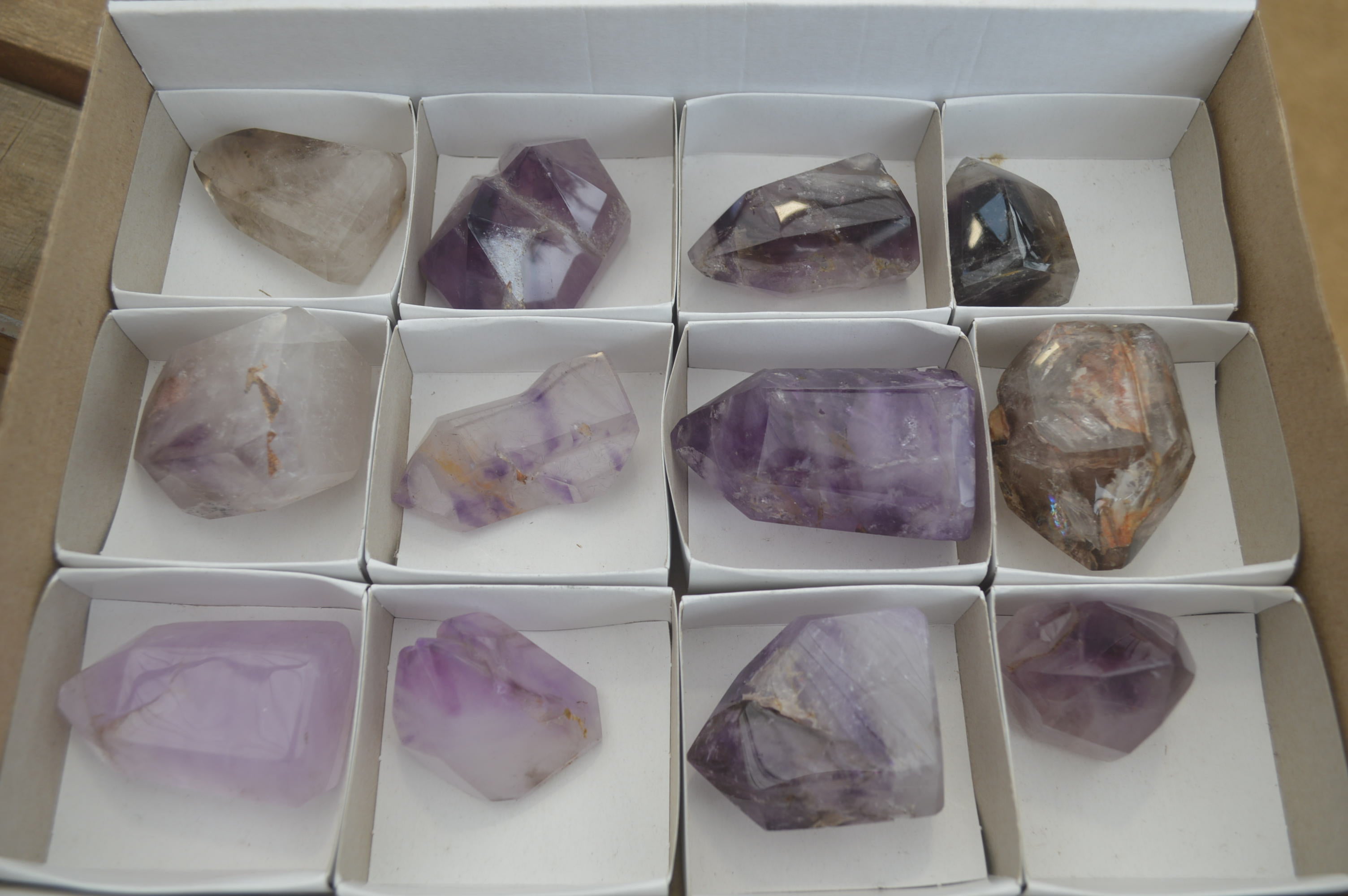 Polished Smokey Amethyst Window Quartz Points x 12 From Akansobe, Madagascar - Toprock Gemstones and Minerals 