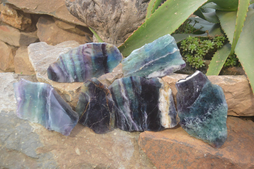 Polished On One Side Watermelon Fluorite Specimens x 6 From Uis, Namibia - Toprock Gemstones and Minerals 