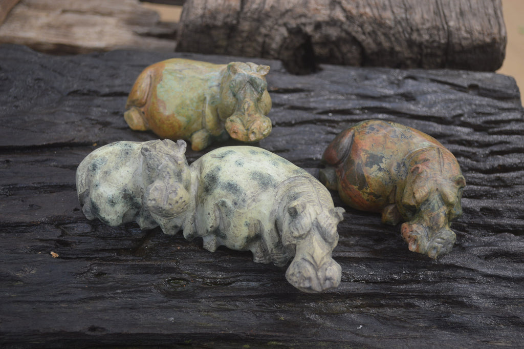 Polished Mixed Stone Hippo Carvings x 3 From Zimbabwe - Toprock Gemstones and Minerals 