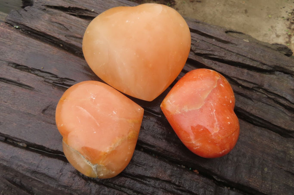 Polished Orange Twist Calcite Gemstone Hearts x 3 From Madagascar - Toprock Gemstones and Minerals 