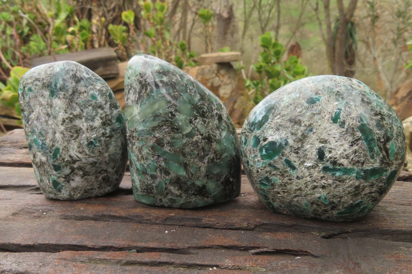 Polished Rare Emerald Mica In Matrix Standing Free Forms x 3 From Mutoko, Zimbabwe - Toprock Gemstones and Minerals 