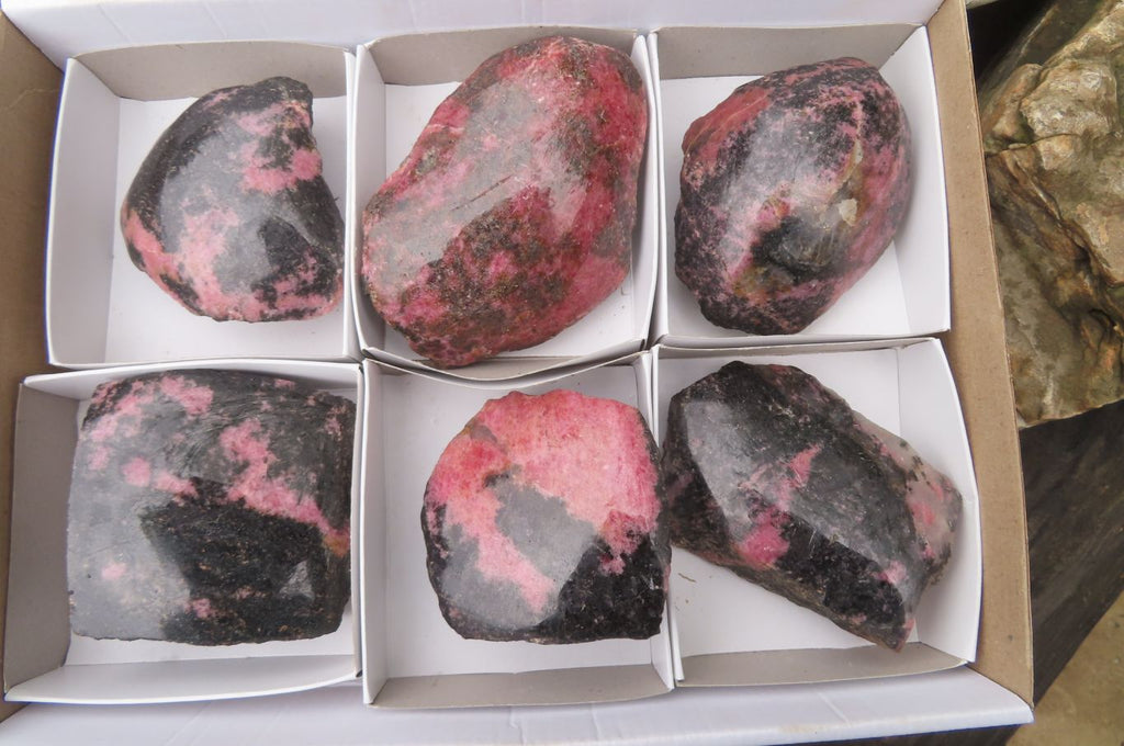 Polished On One Side Rhodonite Specimens x 6 From Madagascar - Toprock Gemstones and Minerals 