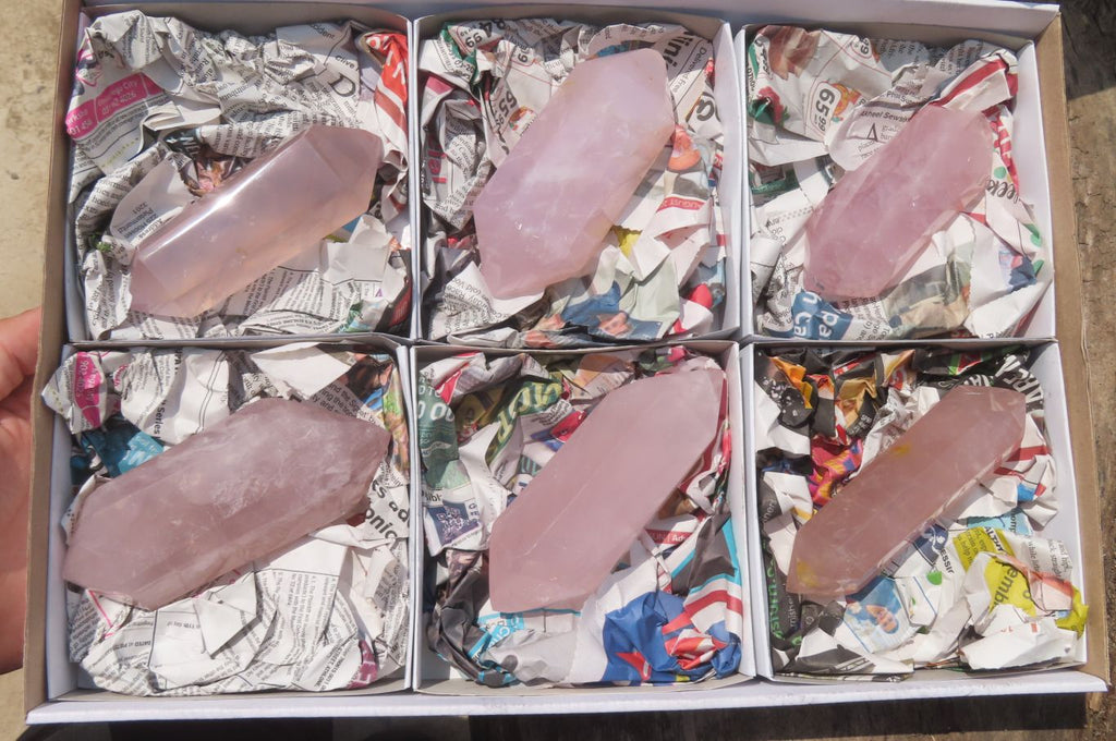 Polished Double Terminated Rose Quartz Points x 6 From Madagascar - Toprock Gemstones and Minerals 