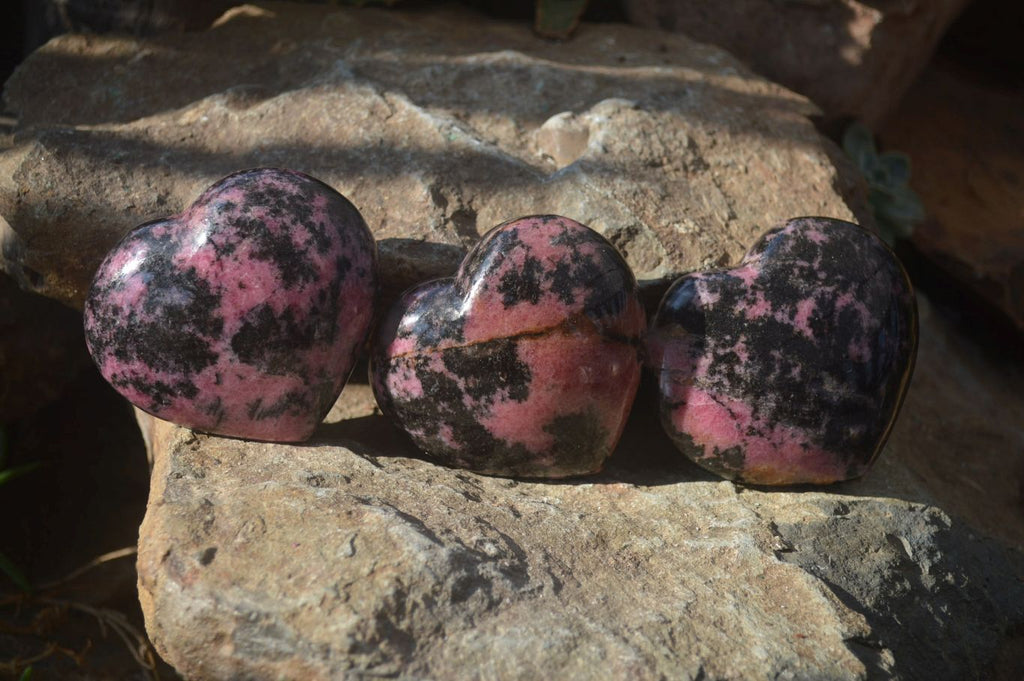 Polished Rhodonite Gemstone Hearts x 3 From Madagascar - Toprock Gemstones and Minerals 