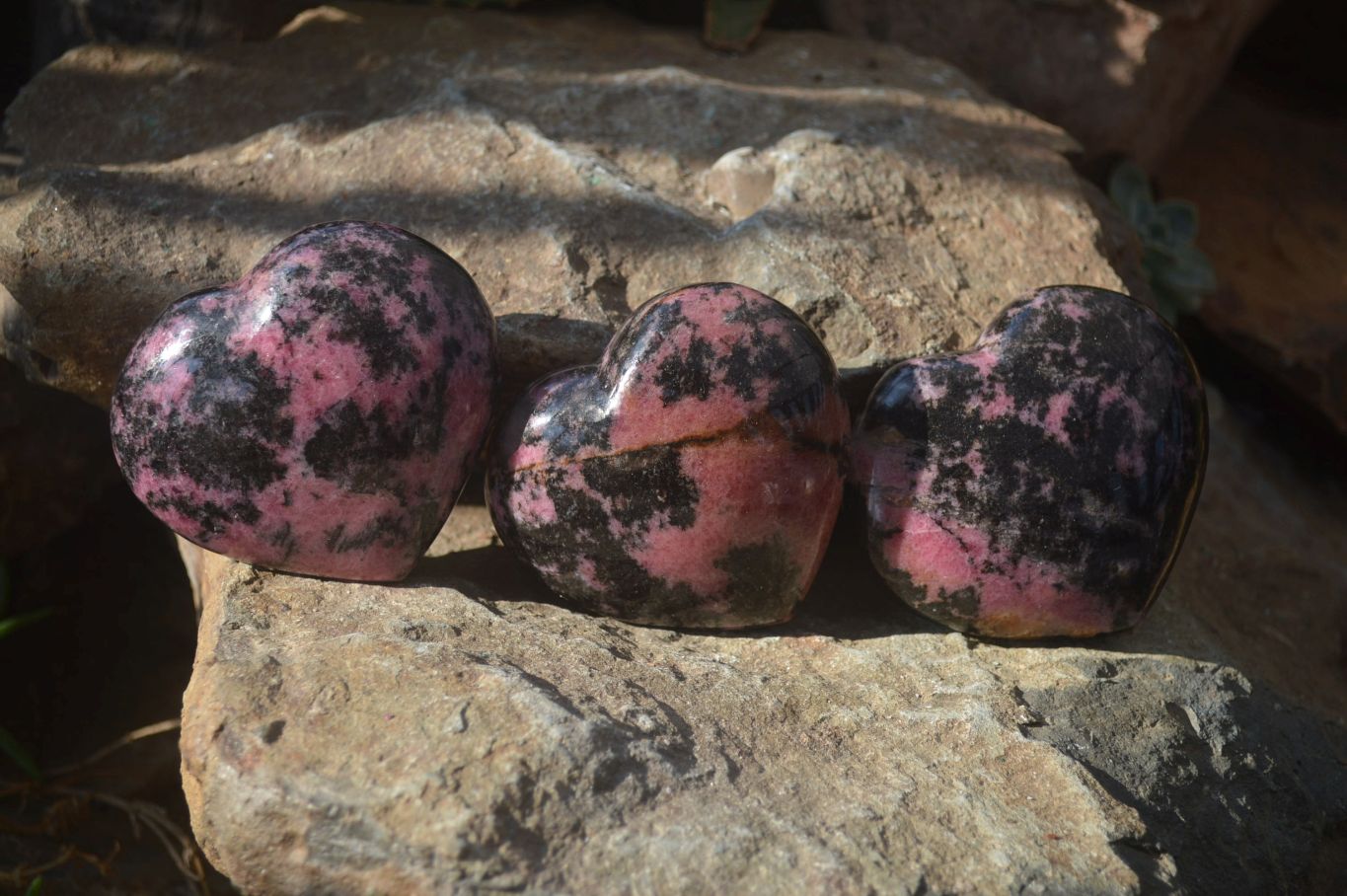 Polished Rhodonite Gemstone Hearts x 3 From Madagascar - Toprock Gemstones and Minerals 