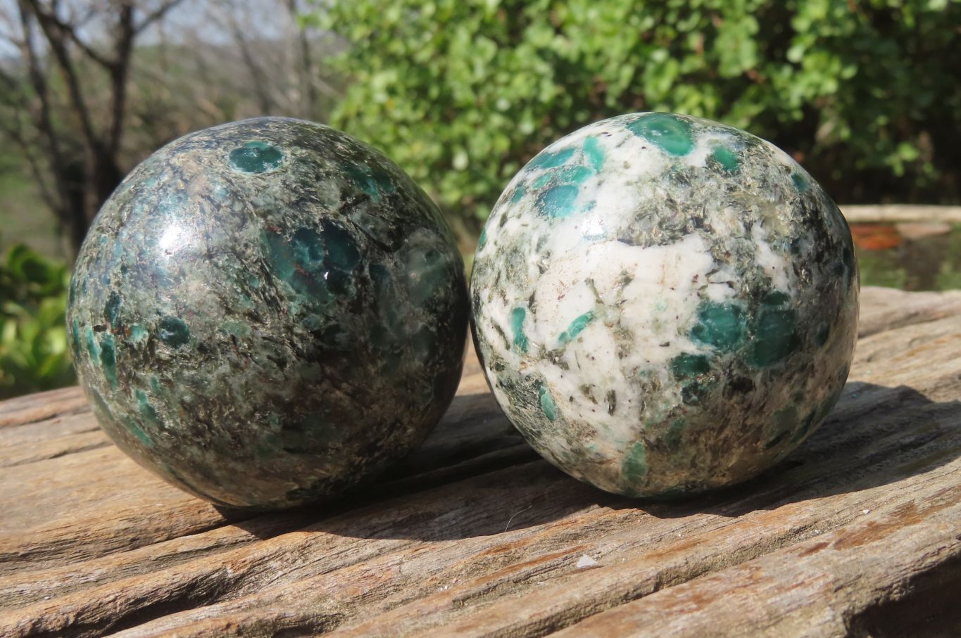 Polished Rare Emerald Mica In Matrix Spheres x 2 From Mutoko, Zimbabwe - Toprock Gemstones and Minerals 