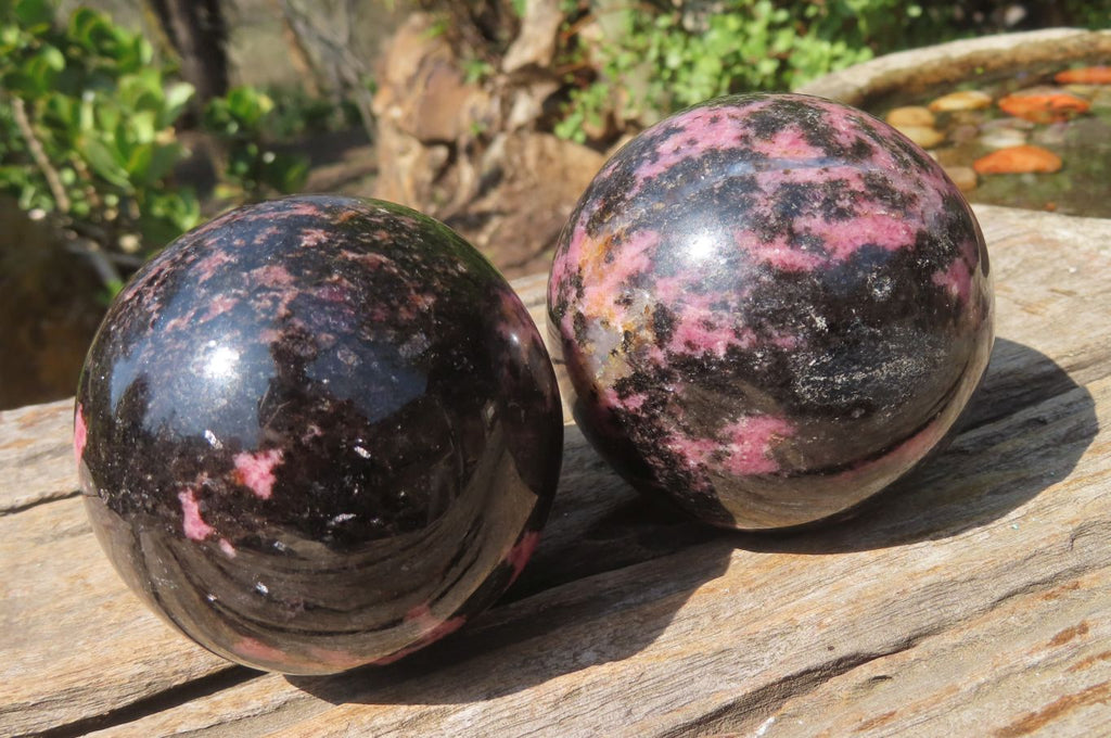 Polished Rhodonite Spheres x 3 From Ambindavato, Madagascar - Toprock Gemstones and Minerals 