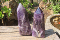 Polished Smokey Chevron Amethyst Points x 5 From Zambia - Toprock Gemstones and Minerals 