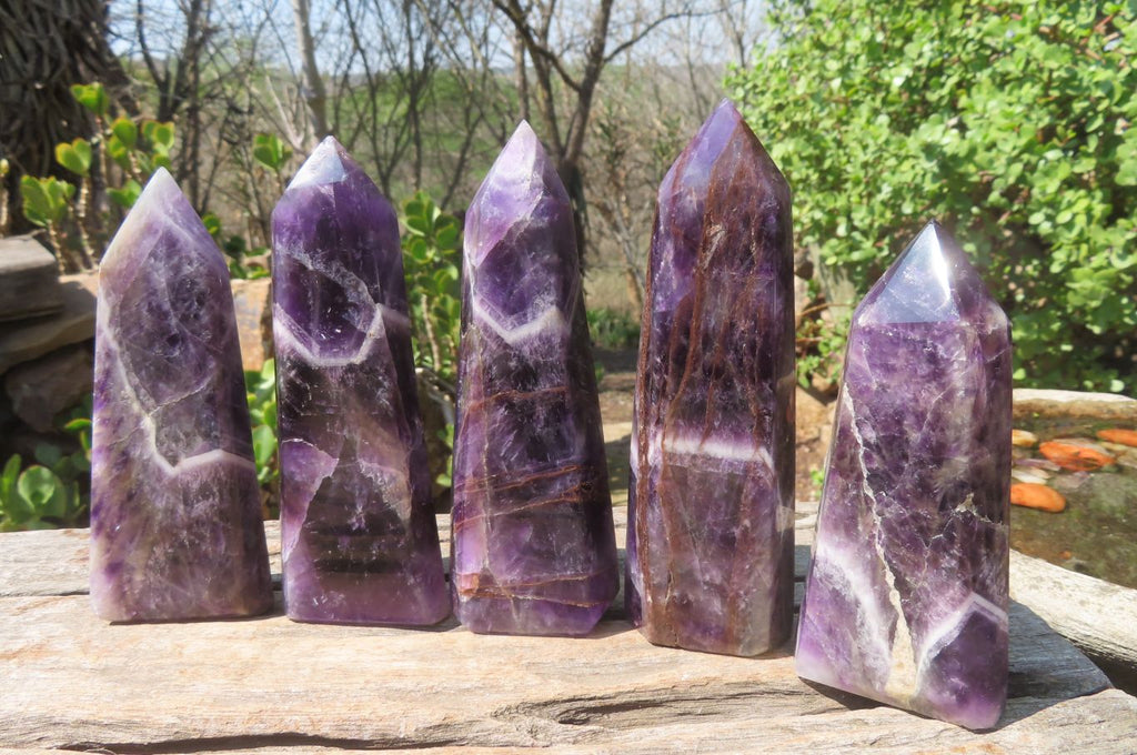 Polished Smokey Chevron Amethyst Points x 5 From Zambia - Toprock Gemstones and Minerals 