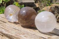 Polished Clear & Smokey Quartz Crystal Balls x 3 From Madagascar - Toprock Gemstones and Minerals 