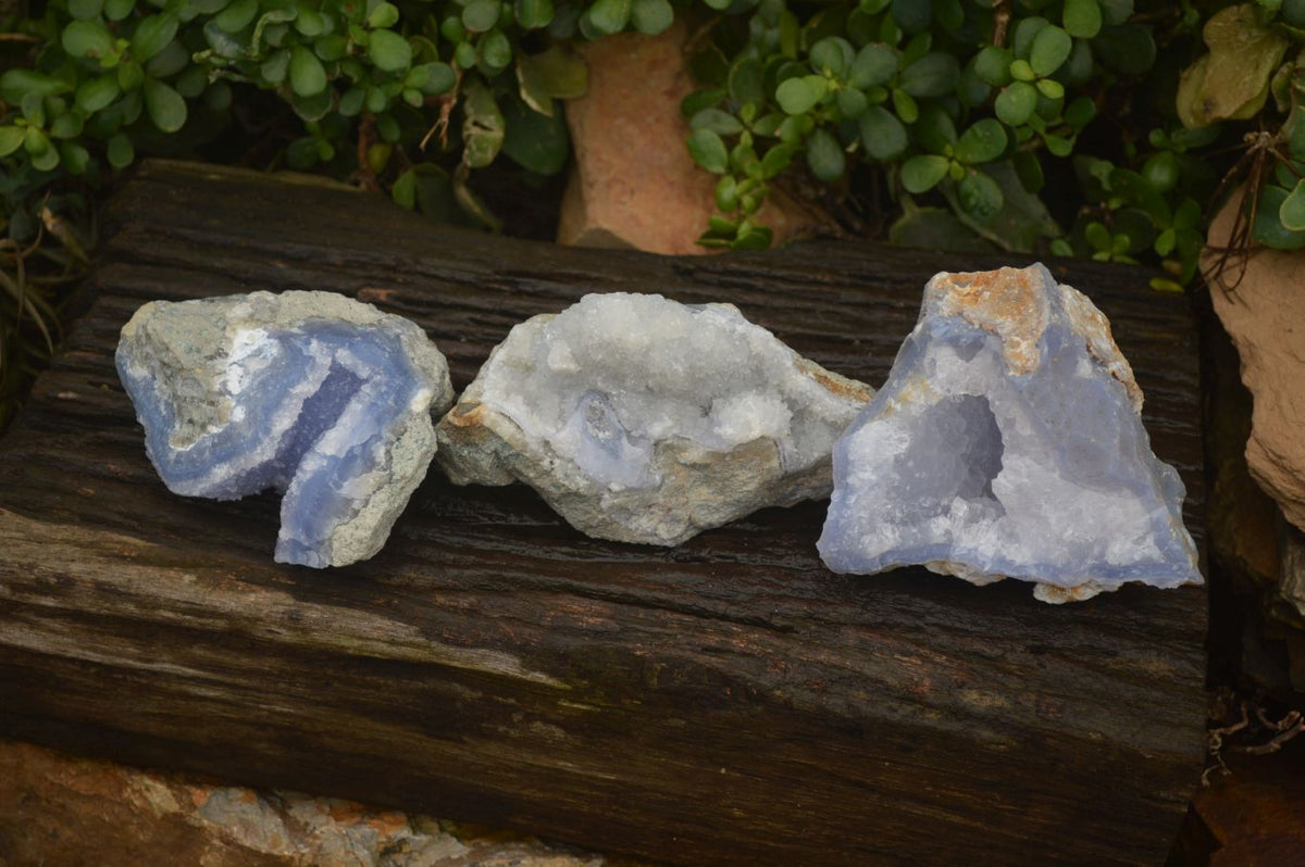 Natural Blue Lace Agate Geode Specimens x 3 From Malawi - Toprock Gemstones and Minerals 