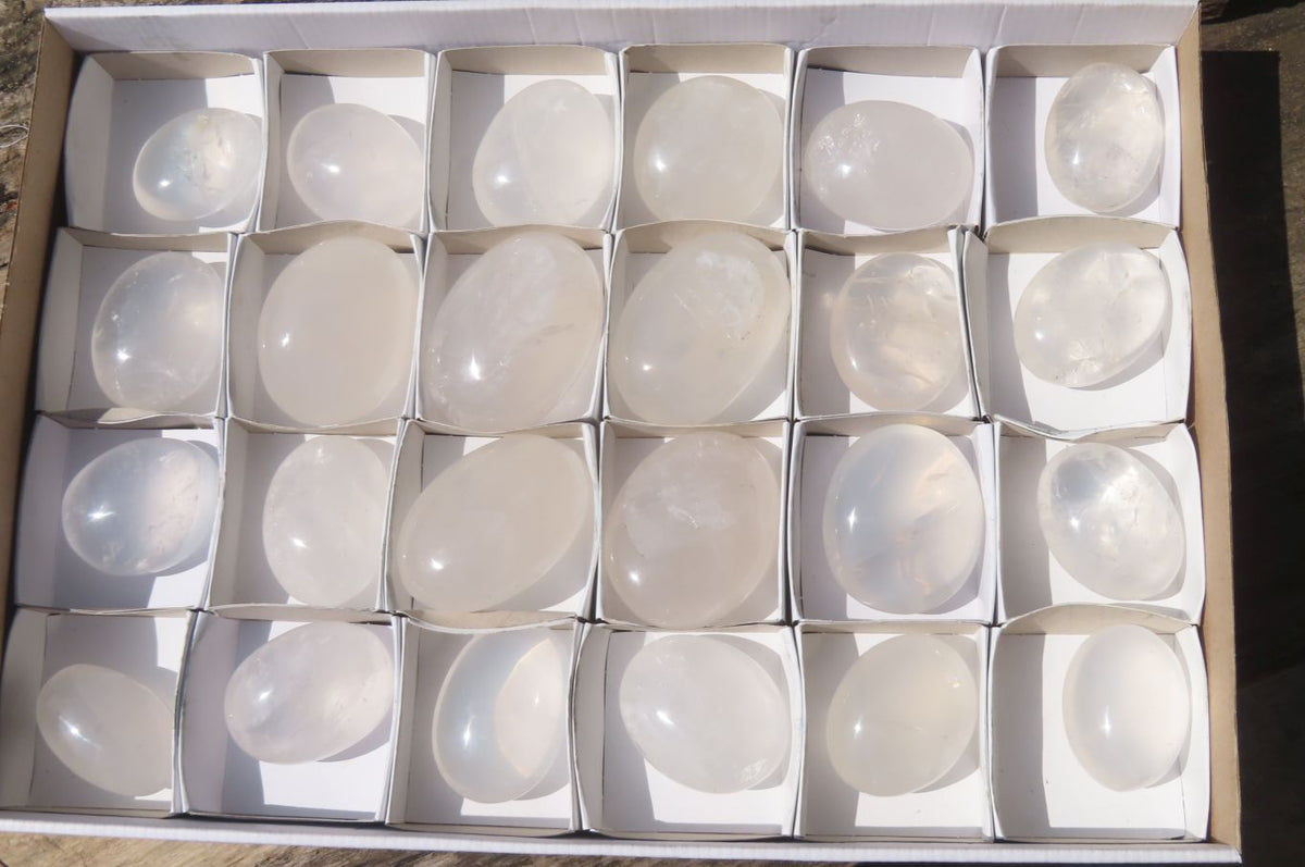 Polished Girasol Pearl Quartz Palm Stones x 24 From Ambatondrazaka, Madagascar - Toprock Gemstones and Minerals 