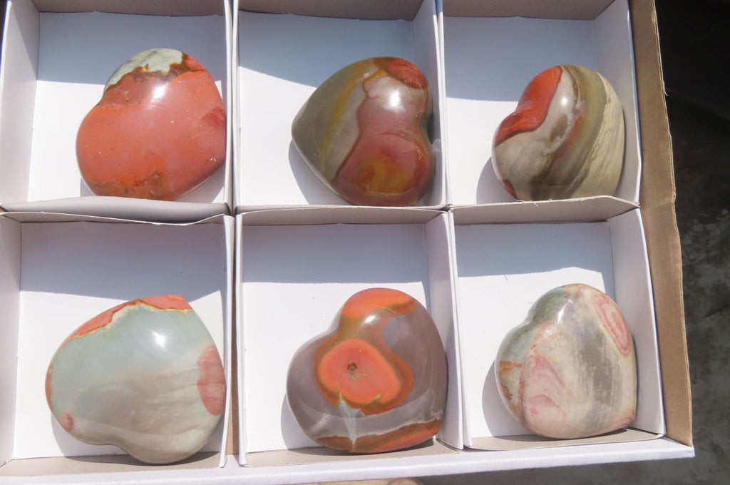 Polished Polychrome Jasper Gemstone Hearts x 6 From Madagascar - Toprock Gemstones and Minerals 
