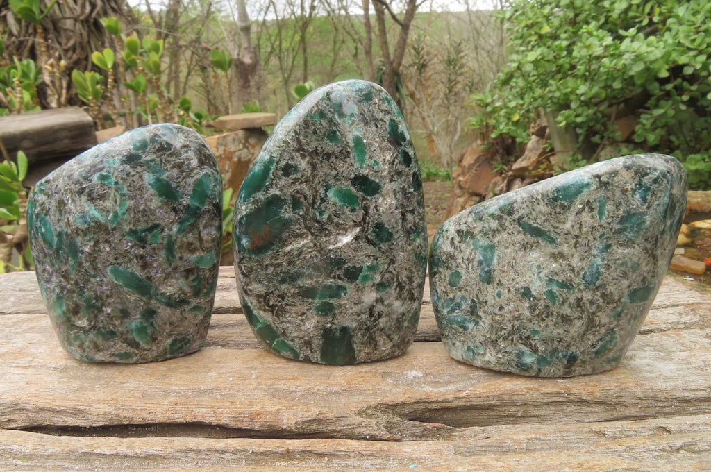 Polished Rare Emerald Mica In Matrix Standing Free Forms x 3 From Mutoko, Zimbabwe - Toprock Gemstones and Minerals 