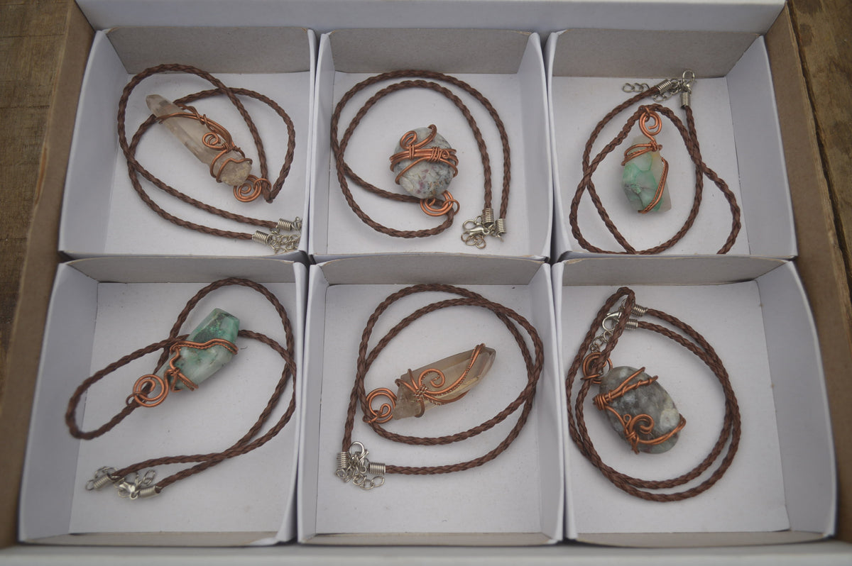 Polished Mixed Copper Wire Wrapped Pendants x 6 From Southern Africa - Toprock Gemstones and Minerals 