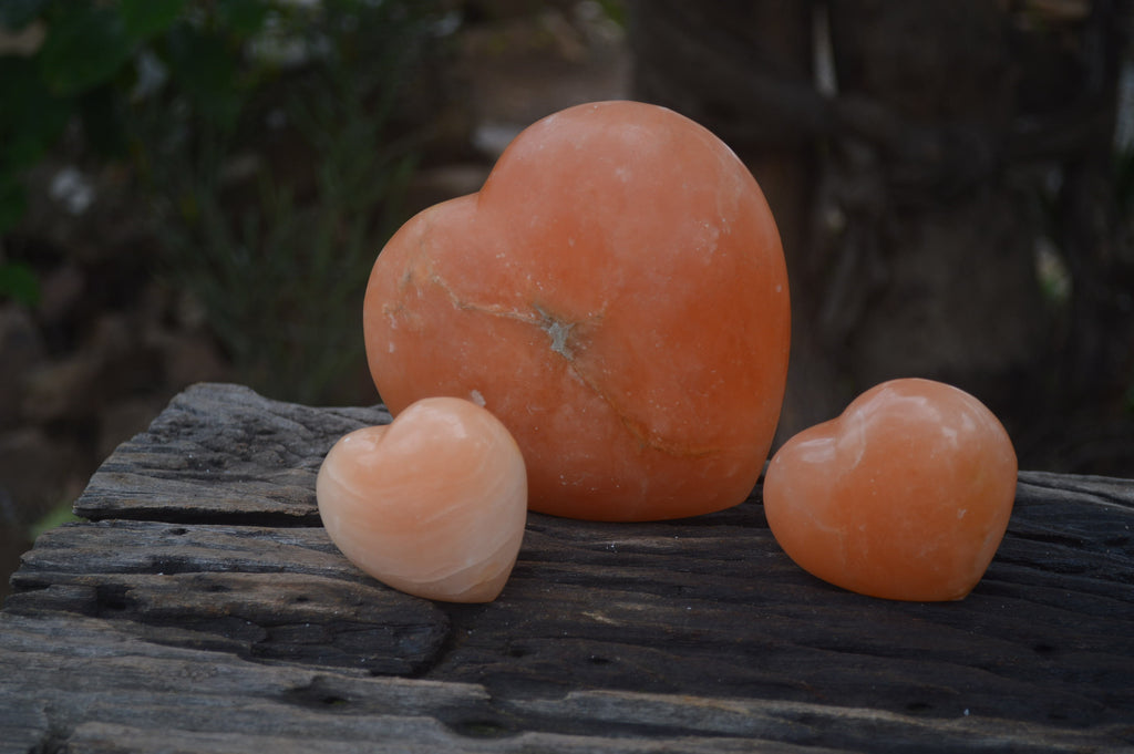Polished Orange Twist Calcite Gemstone Hearts x 3 From Madagascar - Toprock Gemstones and Minerals 