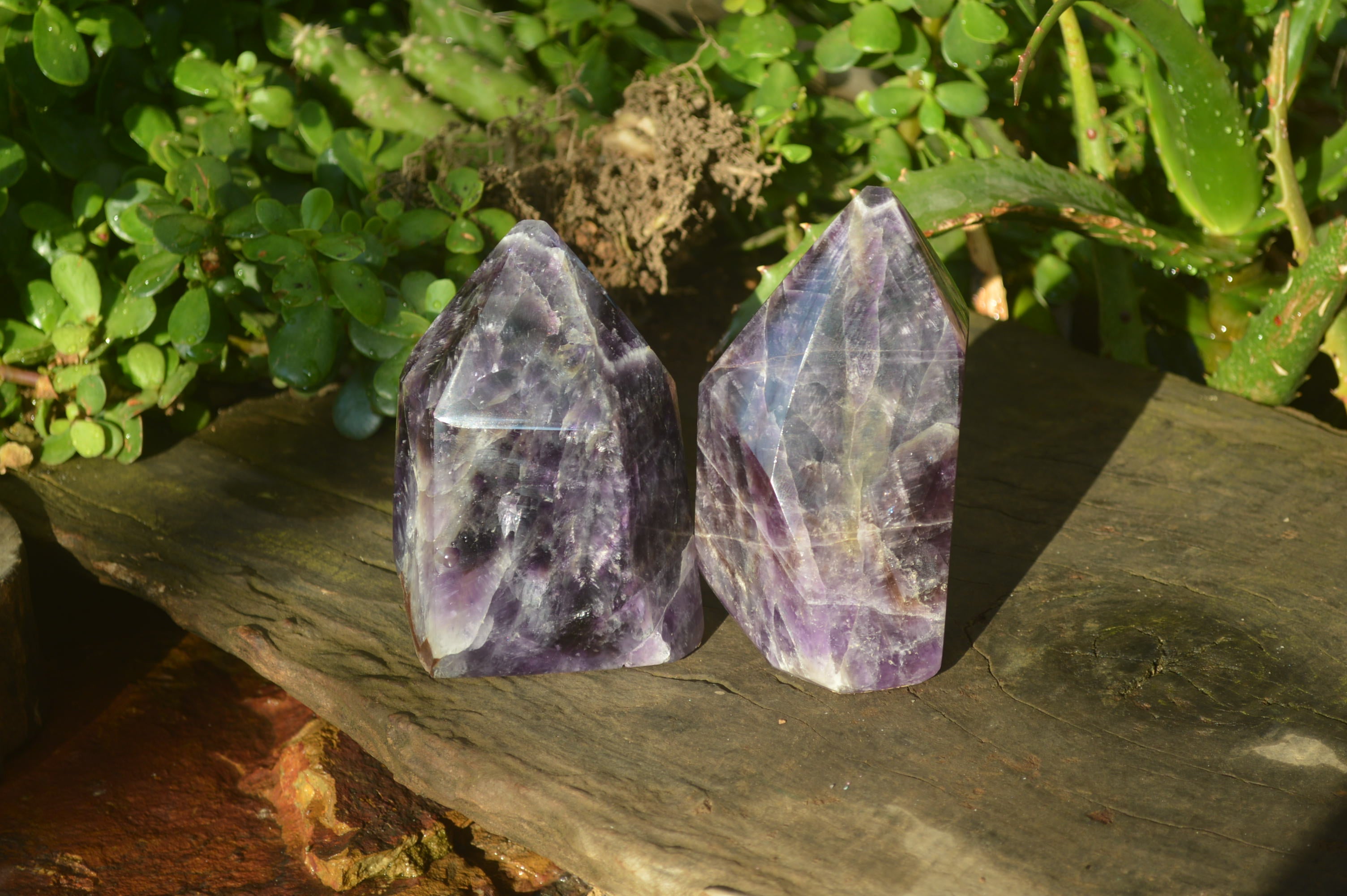Polished Chevron Amethyst Point-Prisms x 2 from Zambia - Toprock Gemstones and Minerals 
