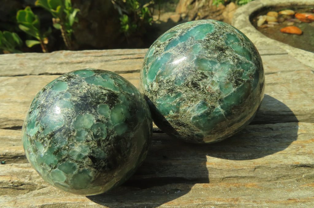Polished Rare Emerald Mica In Matrix Spheres x 2 From Mutoko, Zimbabwe - Toprock Gemstones and Minerals 
