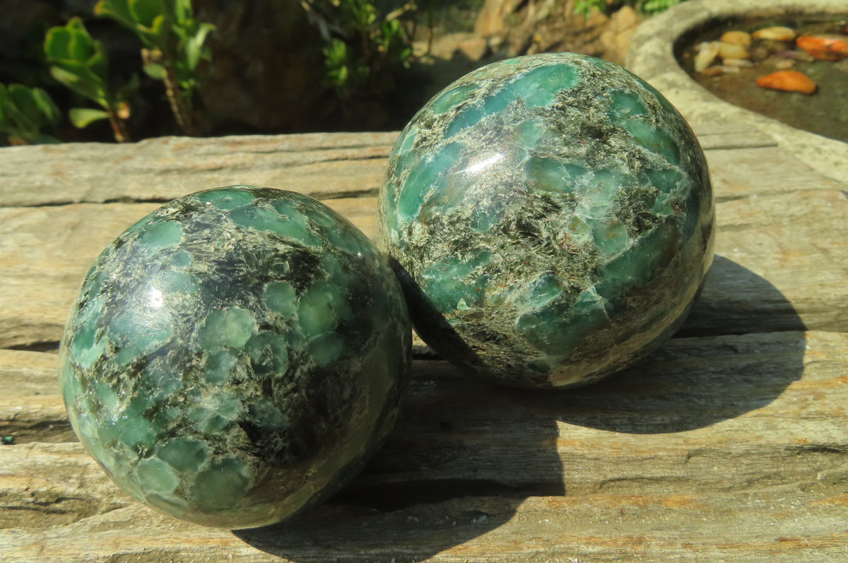 Polished Rare Emerald Mica In Matrix Spheres x 2 From Mutoko, Zimbabwe - Toprock Gemstones and Minerals 