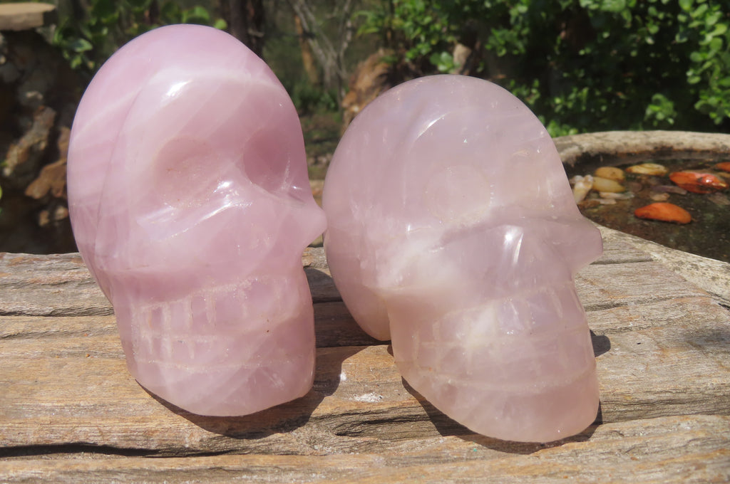 Hand Made Rose Quartz Skull Carvings x 2 From Madagascar - Toprock Gemstones and Minerals 