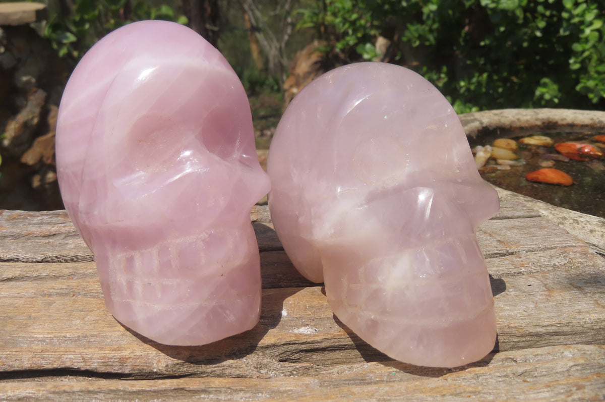 Hand Made Rose Quartz Skull Carvings x 2 From Madagascar - Toprock Gemstones and Minerals 