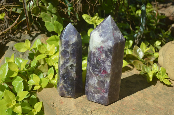 Polished Lepidolite with Pink Rubellite Point-Prisms x 2 From Ambatondrazaka, Madagascar - Toprock Gemstones and Minerals 