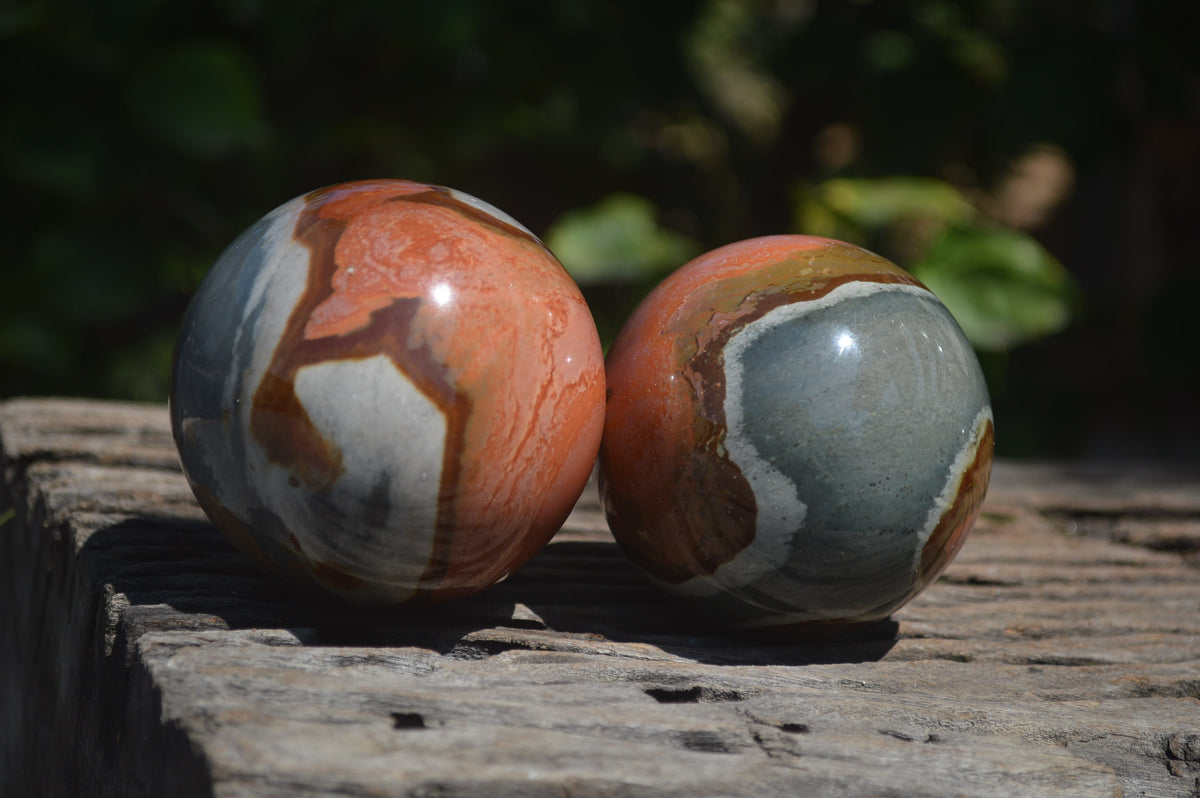 Polished Polychrome Jasper Spheres with Wooden Stands x 4 From Mahajanga, Madagascar - Toprock Gemstones and Minerals 