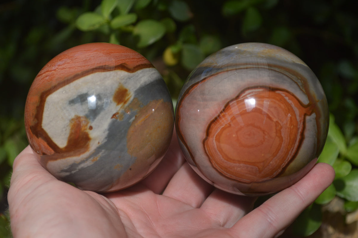 Polished Polychrome Jasper Spheres with Wooden Stands x 4 From Mahajanga, Madagascar - Toprock Gemstones and Minerals 