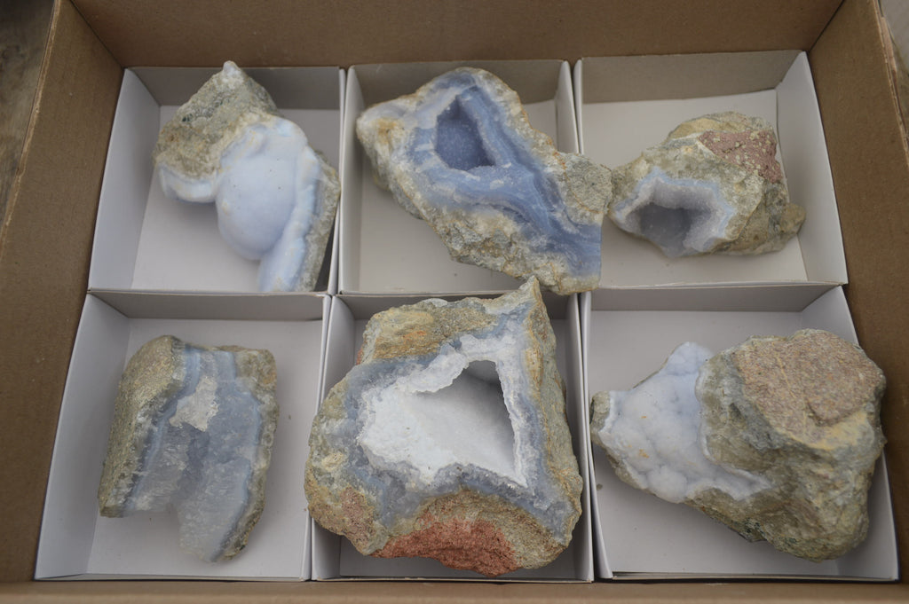 Natural Blue Lace Agate Geode Specimens x 6 From Malawi - Toprock Gemstones and Minerals 
