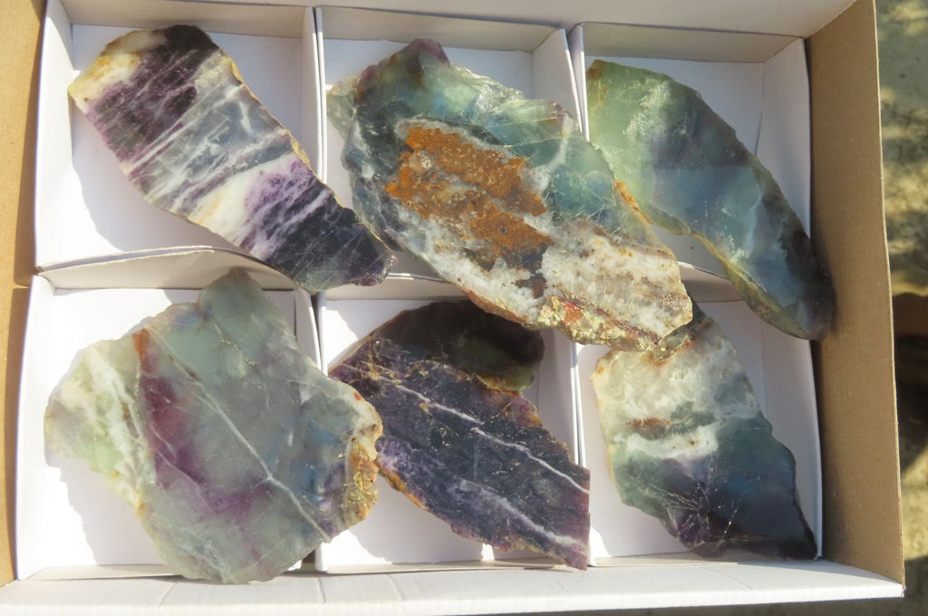 Polished Watermelon Fluorite Slices x 6 From Uis, Namibia - Toprock Gemstones and Minerals 