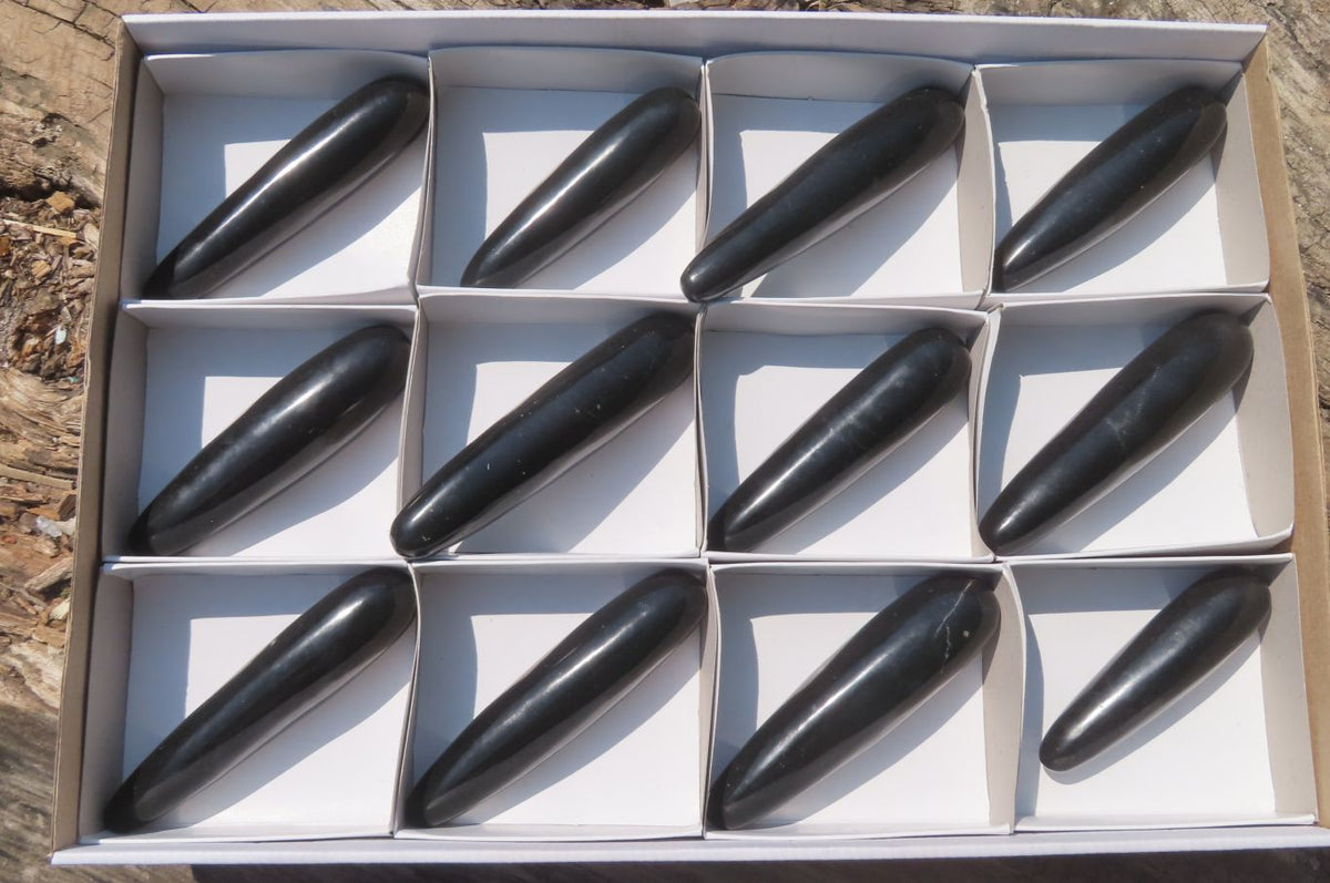 Polished Black Basalt Massage Wands x 12 From Madagascar - Toprock Gemstones and Minerals 
