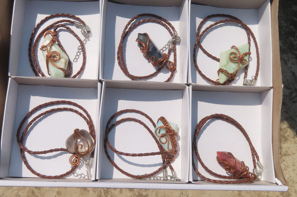 Hand Made Mixed Copper Wire Wrapped Stone Pendants x 6 From South Africa - Toprock Gemstones and Minerals 