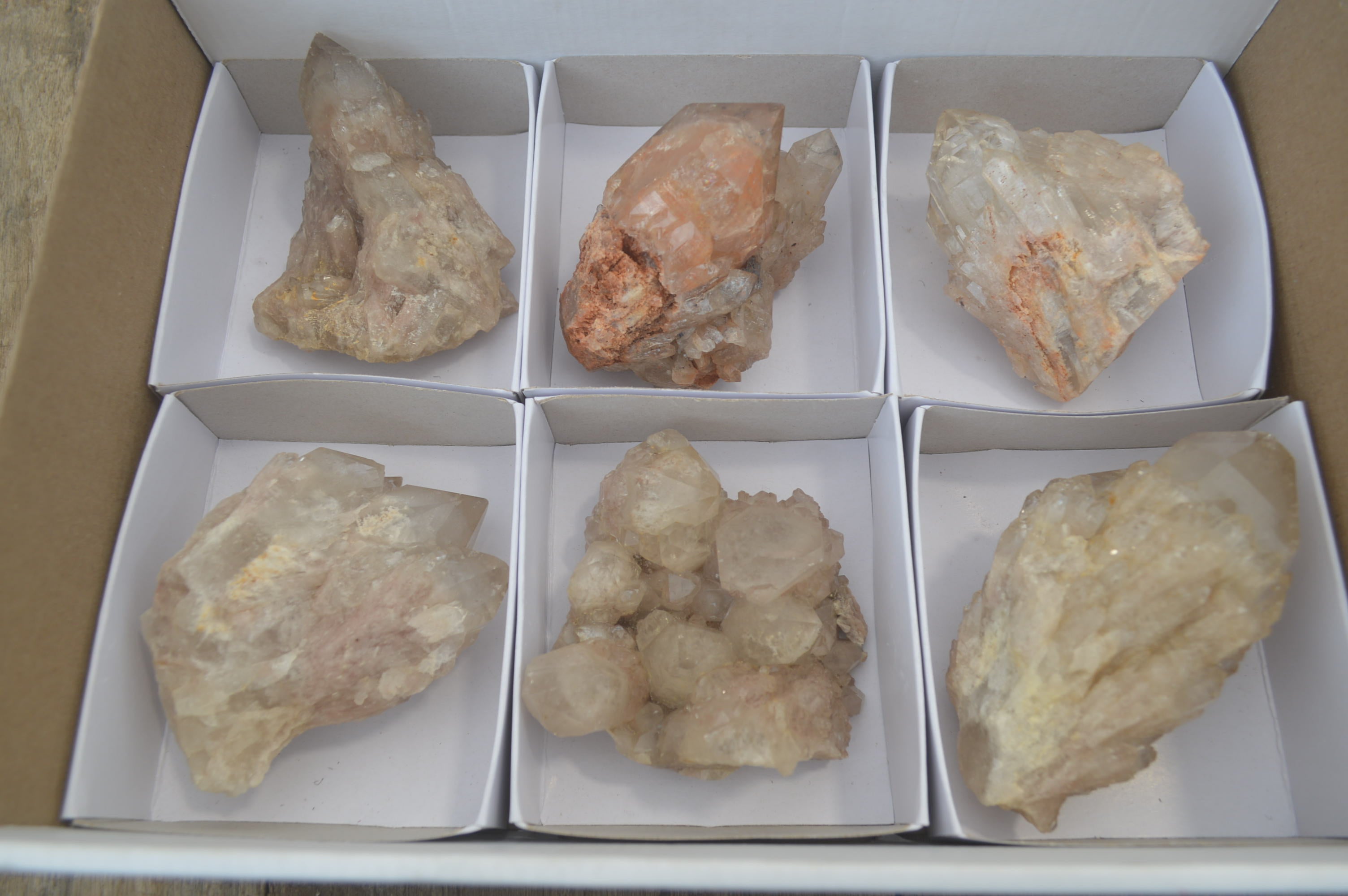 Natural Smokey Phantom Quartz Clusters x 6 From Luena, Congo - Toprock Gemstones and Minerals 