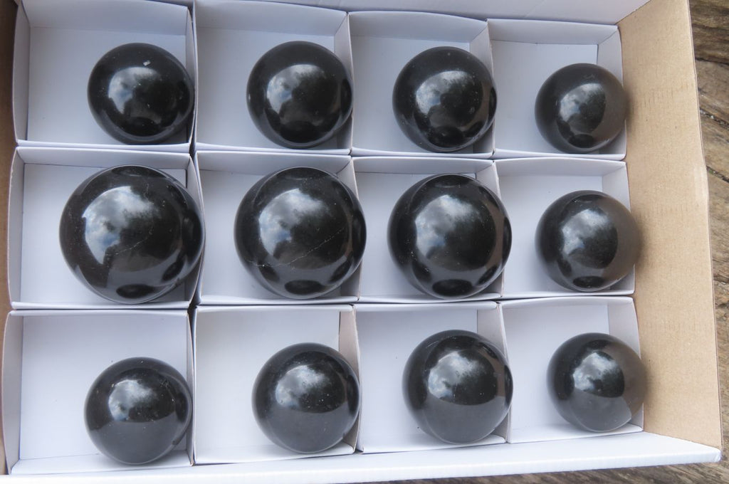 Polished Black Basalt Spheres x 12 From Madagascar - Toprock Gemstones and Minerals 