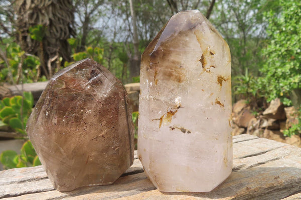 Polished Smokey Window Quartz Crystals x 2 From Madagascar - Toprock Gemstones and Minerals 
