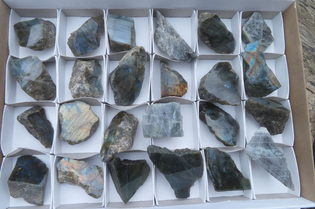 Polished On One Side Labradorite Specimens x 24 From Madagascar - Toprock Gemstones and Minerals 