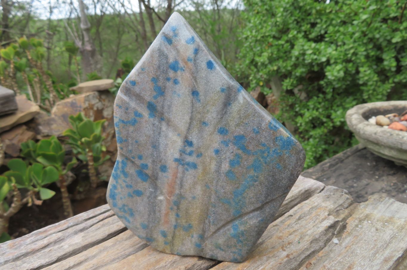 Polished Blue Spinel Spotted Quartz Leaf Sculptures x 2 From Madagascar - Toprock Gemstones and Minerals 