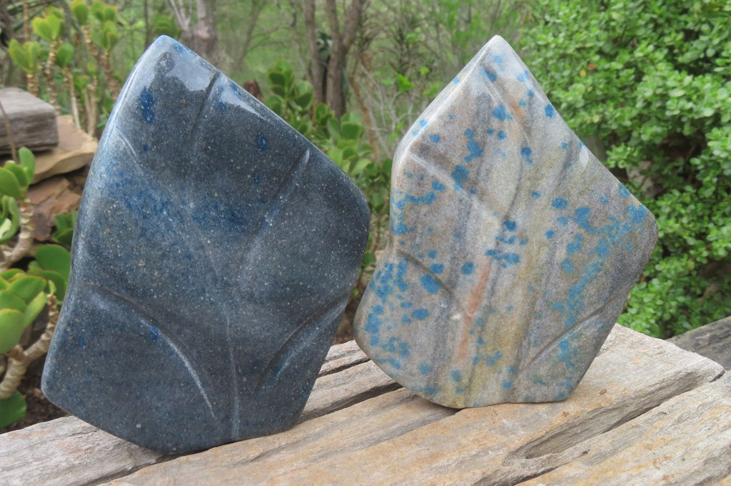 Polished Blue Spinel Spotted Quartz Leaf Sculptures x 2 From Madagascar - Toprock Gemstones and Minerals 