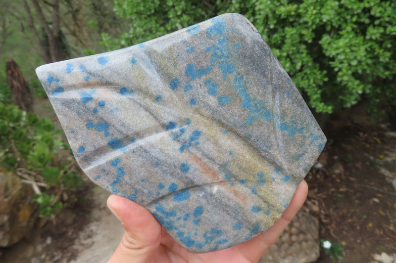 Polished Blue Spinel Spotted Quartz Leaf Sculptures x 2 From Madagascar - Toprock Gemstones and Minerals 