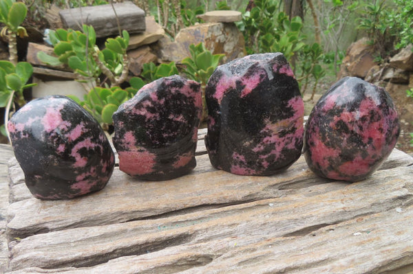 Polished On One Side Rhodonite Standing Free Forms x 4 From Madagascar