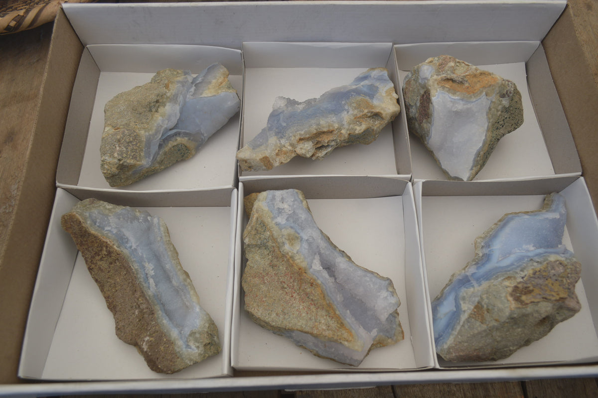 Natural Blue Lace Agate Geode Specimens x 6 From Nsanje, Malawi - Toprock Gemstones and Minerals 