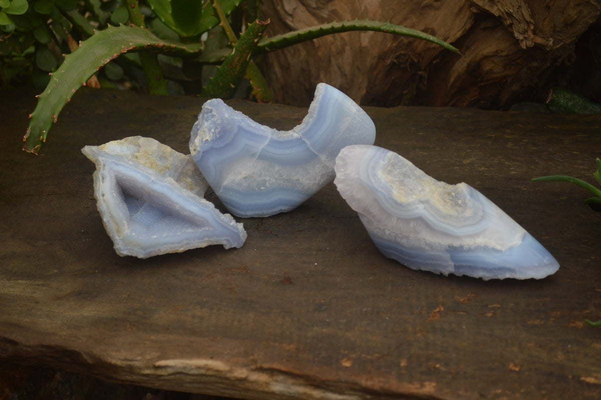 Polished On One Side Blue Lace Agate Geode Specimens x 3 From Malawi - Toprock Gemstones and Minerals 