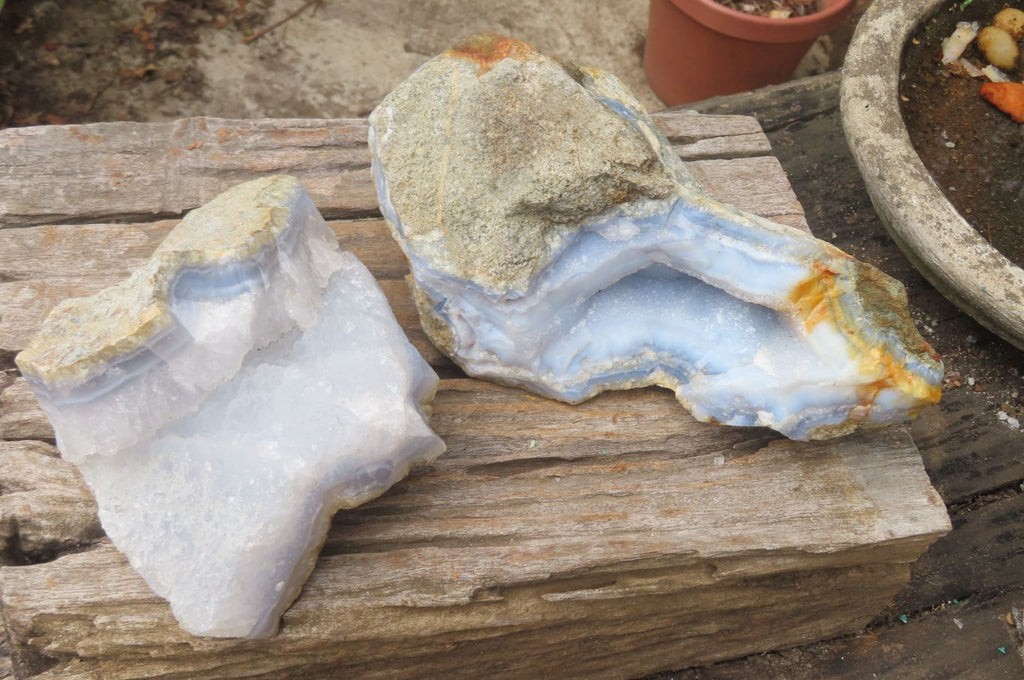 Natural XL Blue Lace Agate Geode Specimens x 2 From Nsanje, Malawi - Toprock Gemstones and Minerals 