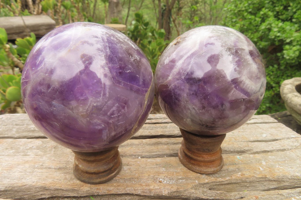 Polished Chevron Amethyst Spheres x 2 From Madagascar - Toprock Gemstones and Minerals 