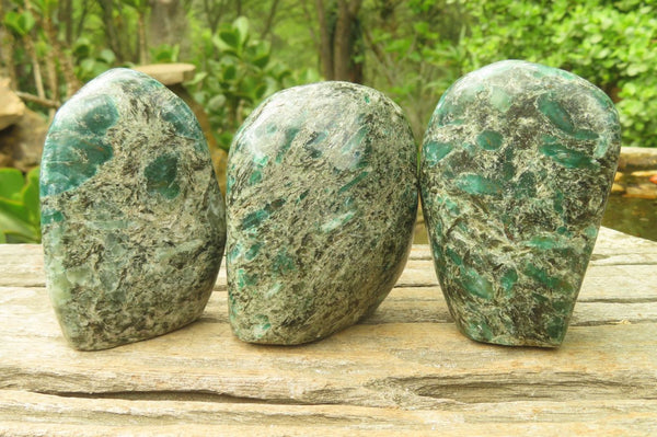 Polished Rare Emerald Mica In Matrix Standing Free Forms x 3 From Mutoko, Zimbabwe - Toprock Gemstones and Minerals 