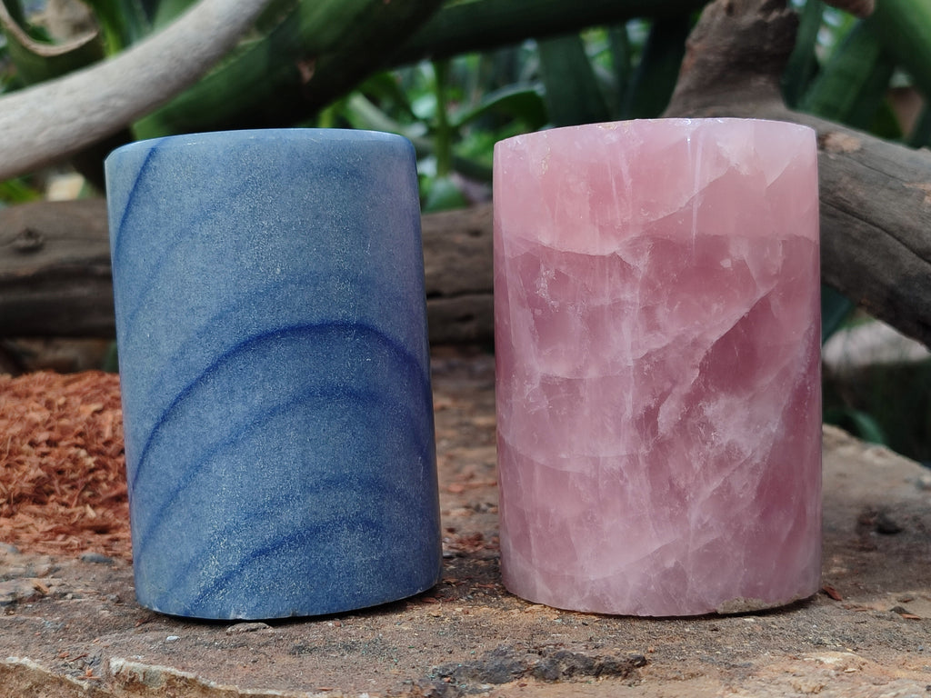 Polished Banded Rose Quartz and Blue Marble Candle Holders x 2 From Southern Africa - Toprock Gemstones and Minerals 