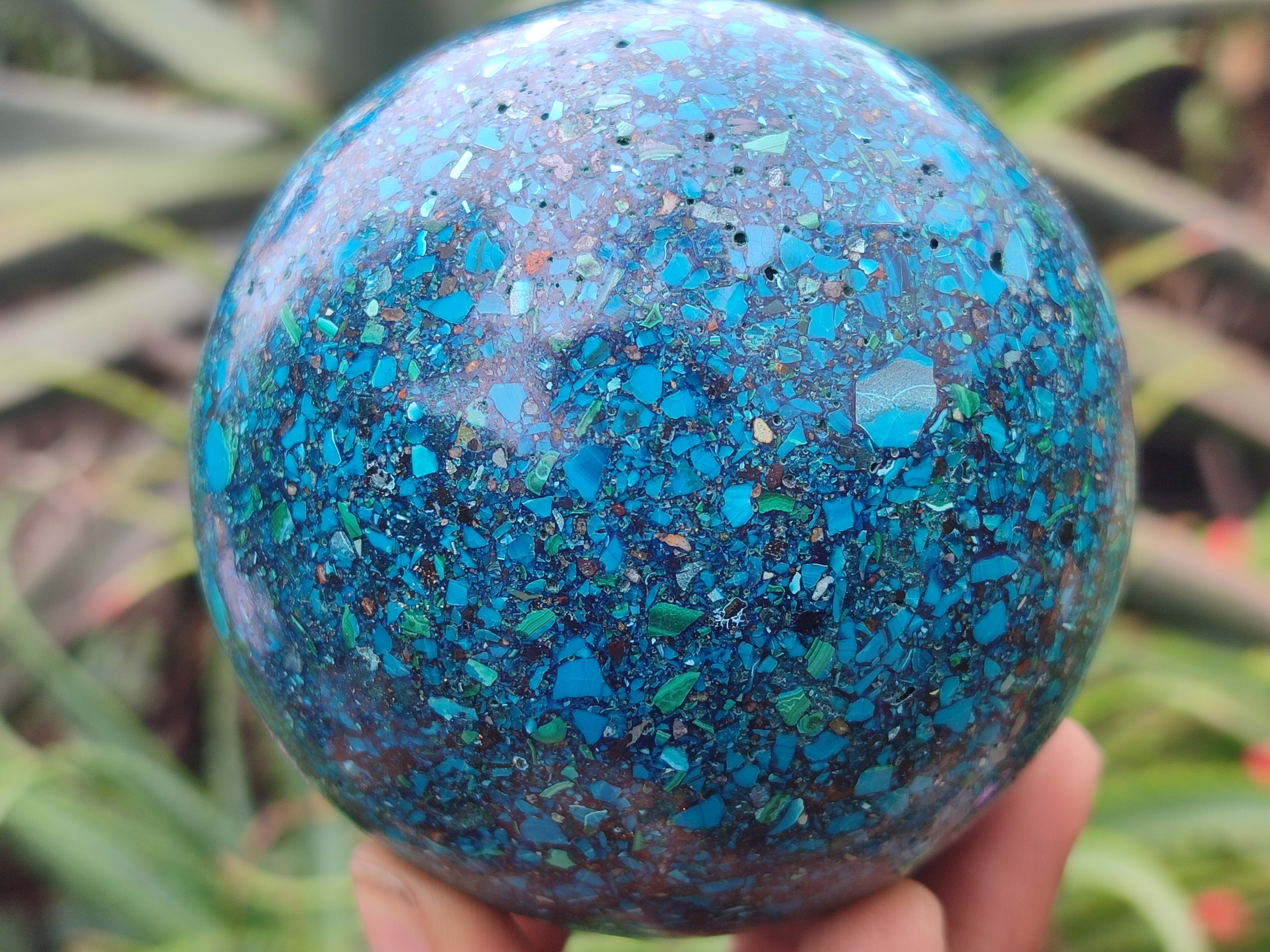 Polished Chrysocolla Conglomerate Spheres on a Wood Stand x 1 From Congo - Toprock Gemstones and Minerals 