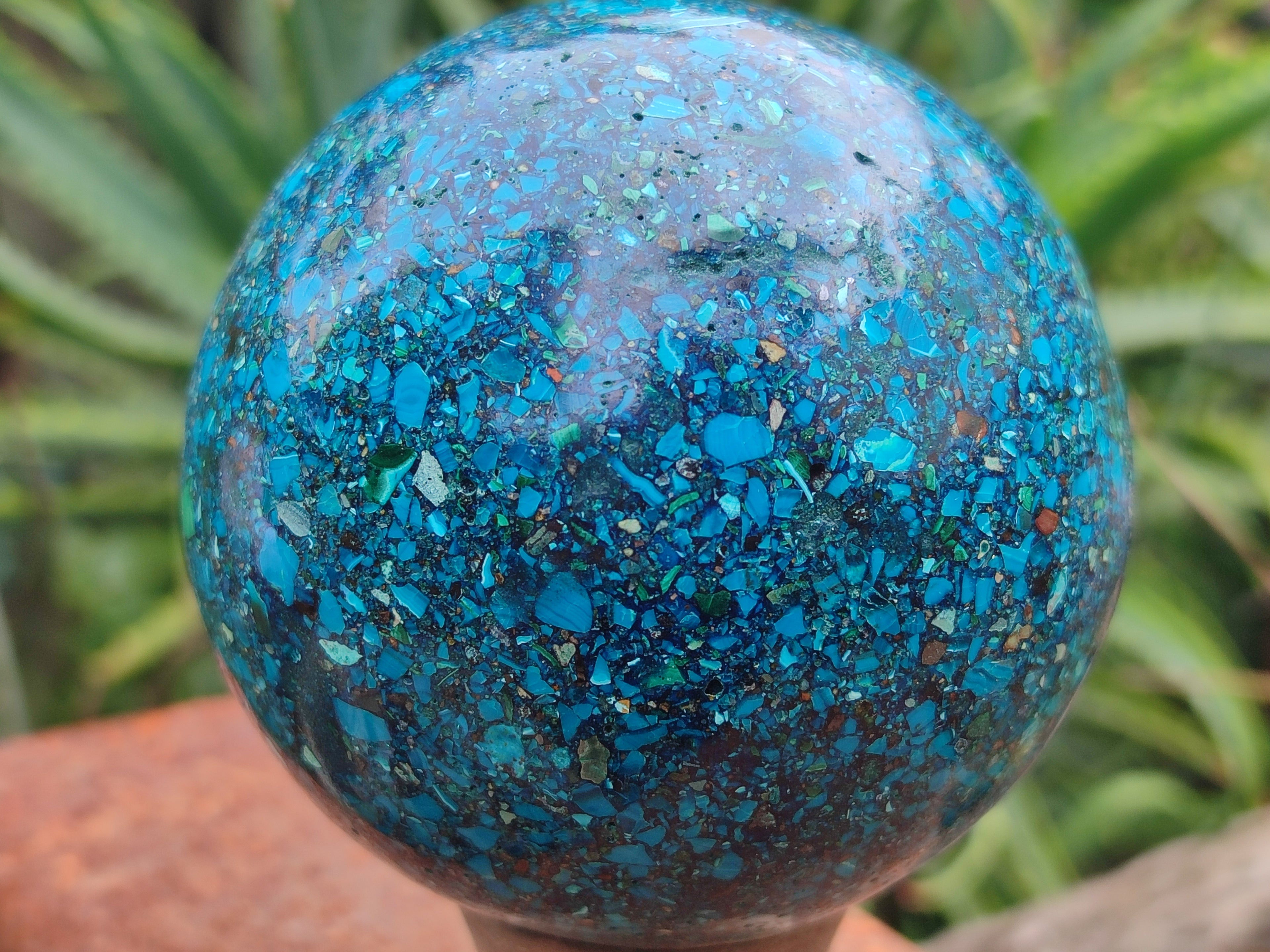 Polished Chrysocolla Conglomerate Spheres on a Wood Stand x 1 From Congo - Toprock Gemstones and Minerals 